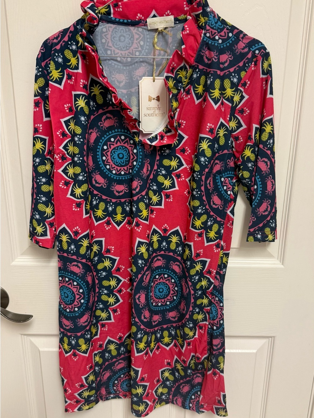 Simply Southern Preppy Aly Pink Mandala Crab Print Dress NWT Small